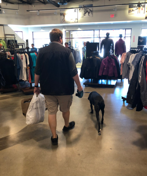 Man in a vest, shirt and shorts is carrying two bags in his left hand and a dog leash in his right hand. The black lab-pointer mix dog is sniffing the ground. The pair are inside a clothing store.